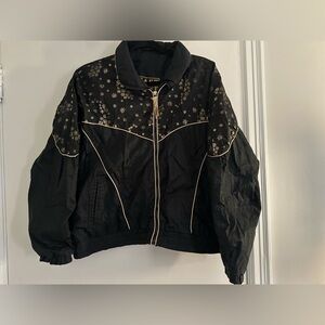 East West 80’s SzM Black & Gold Glitter Star Patterned Zip-Up Windbreaker Jacket